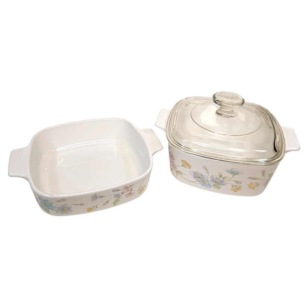 Set of 2 Corning Ware Pastel Bouquet 1 & 1.5 Liter Casserole Dish A7C Glass Lid